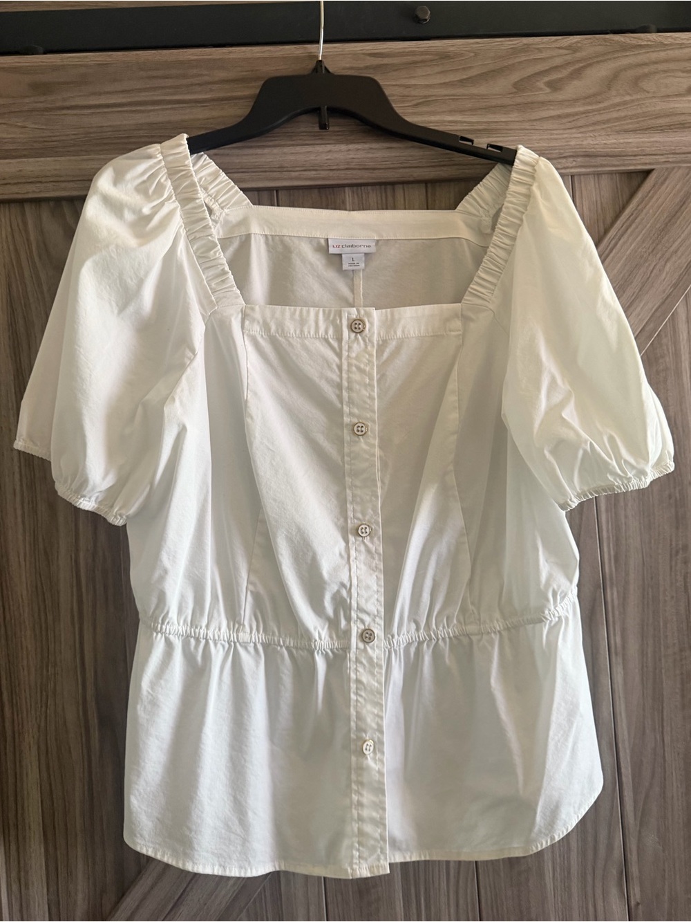 Liz Claiborne White Square-Neck Puff Sleeve Button Front Blouse